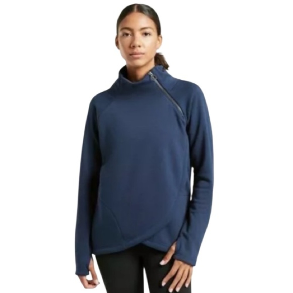 Athleta Pullover Karma Cozy Fleece Shoulder Zip Navy Super Soft Sz XS #383402